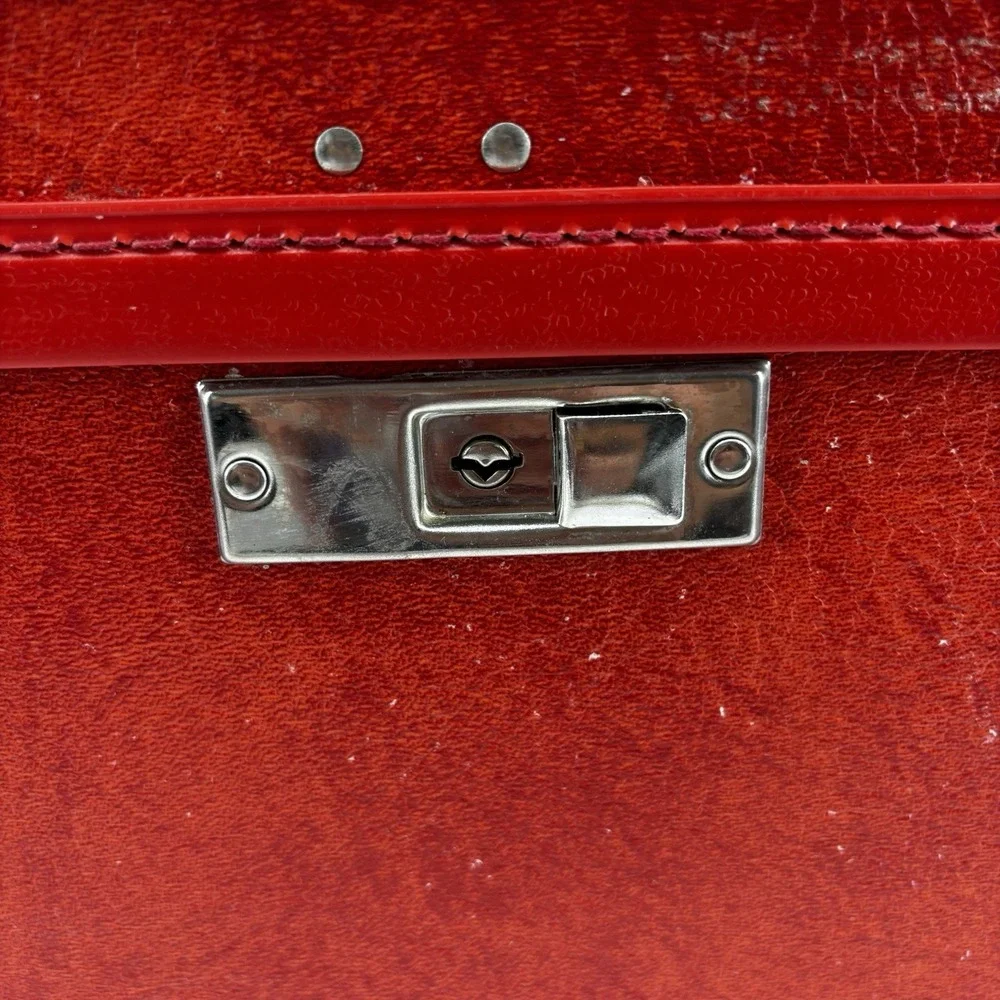 Red Orange Train Vanity Case Vintage Luggage Sesame Lined Snap Closing